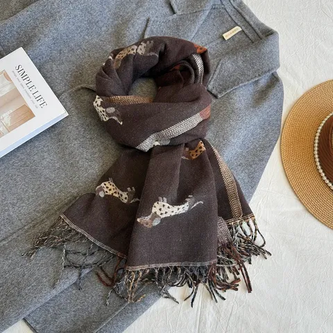 Women Winter Warm Imitation Cashmere Scarf Cute Puppy Jacquard Tassel Soft Long Shawl Fashion Casual Neck Scarf