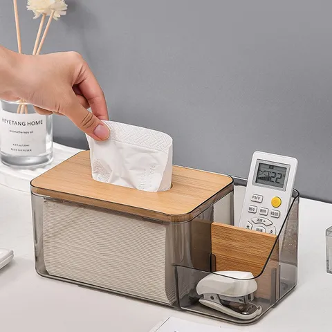 Modern Minimalistisch Transparent PET Und Holz Taschentuchbox Multifunktional Aufbewahrung Organizer Für Wohnzimmer