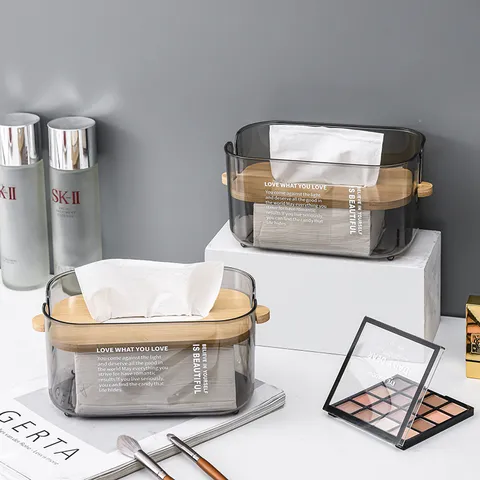 Moderne Transparente Taschentuchbox Kunststoff Desktop Kosmetiktuchspender Mit Holzdeckel Serviettenhalter Für Wohnzimmer