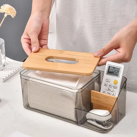 Modern Minimalistisch Transparent PET Und Holz Taschentuchbox Multifunktional Aufbewahrung Organizer Für Wohnzimmer