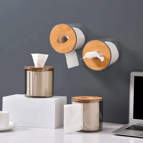 Transparent Plastic Round Tissue Box With Bamboo Lid Minimalist Desktop Roll Paper Storage Container For Home Living Room Bathroom