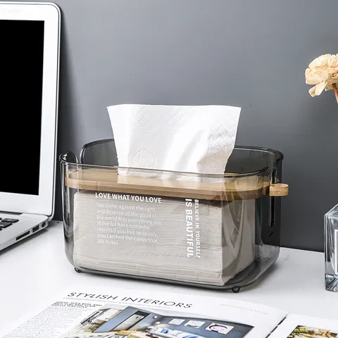 Moderne Transparente Taschentuchbox Kunststoff Desktop Kosmetiktuchspender Mit Holzdeckel Serviettenhalter Für Wohnzimmer
