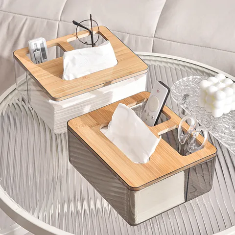 Desktop Tissue Box Plastic Multi-Functional Storage Box With Natural Bamboo Wood Lid Living Room Bathroom Makeup Organizer