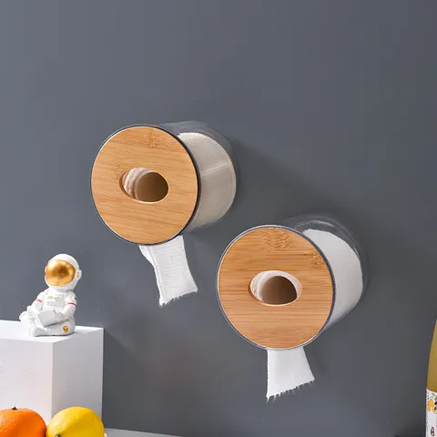 Transparent Plastic Round Tissue Box With Bamboo Lid Minimalist Desktop Roll Paper Storage Container For Home Living Room Bathroom