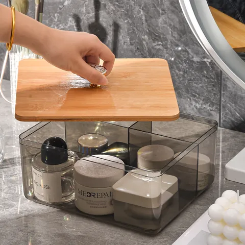 Plastic Cosmetic Storage Box With Bamboo Wood Lid Clear Makeup Organizer Desktop Tissue Holder For Home