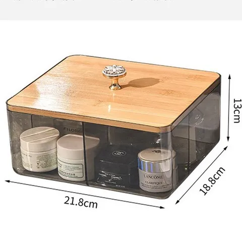Plastic Cosmetic Storage Box With Bamboo Wood Lid Clear Makeup Organizer Desktop Tissue Holder For Home