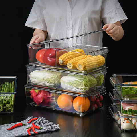 Transparent Plastic Refrigerator Storage Box With Lid Kitchen Fridge Food Organizer Clear Stackable Produce Storage Container