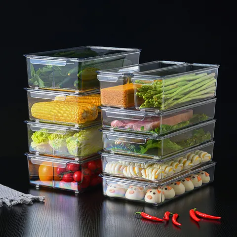Transparent Plastic Refrigerator Storage Box With Lid Kitchen Fridge Food Organizer Clear Stackable Produce Storage Container