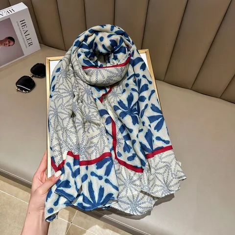 Women Fashion Long Scarf Lightweight Polyester Geometric Floral Print Shawl Beach Sun Protection Wrap For Autumn Winter
