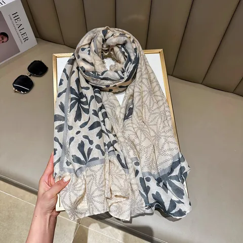 Women Fashion Long Scarf Lightweight Polyester Geometric Floral Print Shawl Beach Sun Protection Wrap For Autumn Winter
