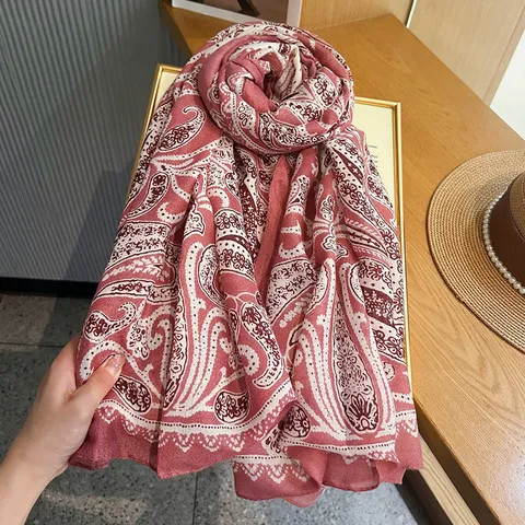 French Retro Cotton Linen Scarf Women Paisley Zebra Print Long Ribbon Neck Scarf Fashion Lightweight Shawl