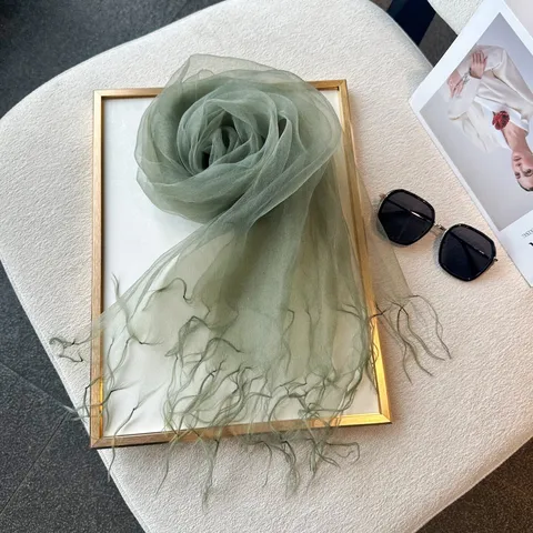 French Style Lightweight Mesh Tassel Scarf Women Spring Summer Outdoor Travel Versatile Solid Color Satin Scarf Shawl