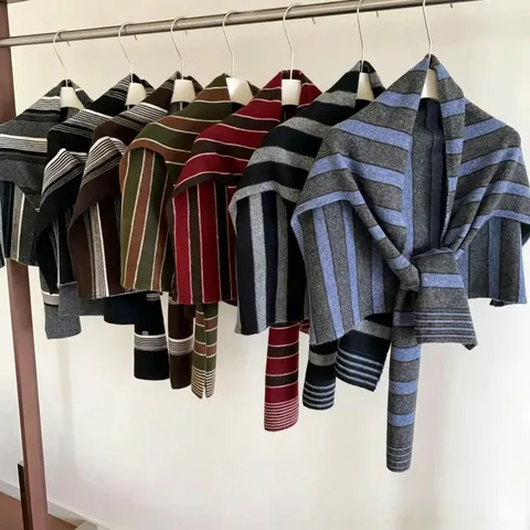 Women's 100% Wool Striped T-Shaped Shawl Autumn Winter Warm Knitted Scarf Fashion Layering Outerwear Neck Cover