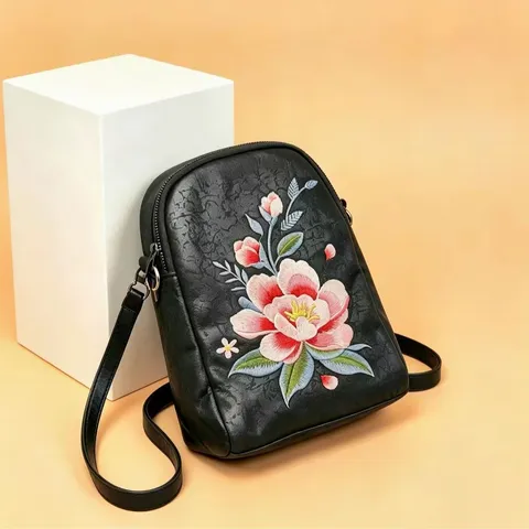 Women's Vintage Embroidered Shell Bag Chinese Style Literary Shoulder Crossbody Bag Ethnic Style Black Handbag