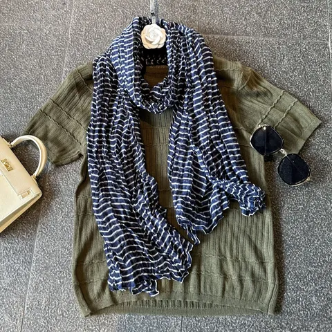 Women Casual Cotton Linen Pleated Striped Long Scarf Lightweight Versatile Fashion Neck Scarf Wrap Shawl