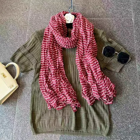 Women Casual Cotton Linen Pleated Striped Long Scarf Lightweight Versatile Fashion Neck Scarf Wrap Shawl