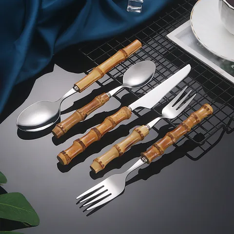 304 Stainless Steel Bamboo Handle Western Tableware Dinner Knife Fork Spoon Dessert Tea Cutlery Kitchen Dining Tool Gift