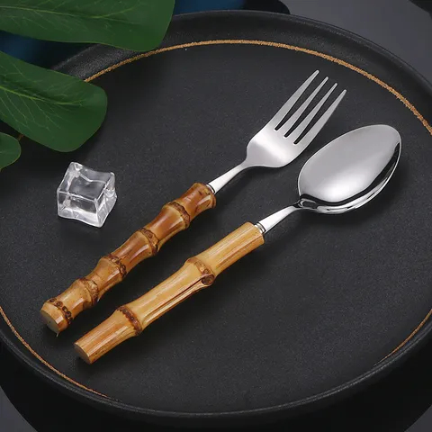 304 Stainless Steel Bamboo Handle Western Tableware Dinner Knife Fork Spoon Dessert Tea Cutlery Kitchen Dining Tool Gift