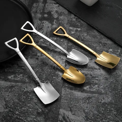 Creative Stainless Steel Shovel Spoon Cute Dessert Ice Cream Coffee Mixing Spoon Mirror Polished Golden Silver Tableware