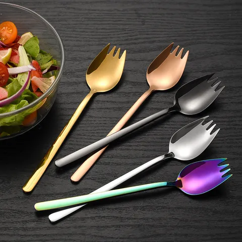 Stainless Steel Salad Spoon And Fork 2 In 1 Long Handle Fruit Dessert Cake Tableware For Kitchen Dining