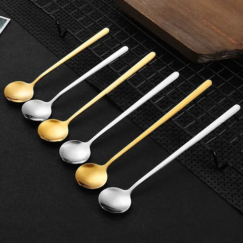 Stainless Steel Coffee Spoon Gold Silver Long Handle Mixing Spoon For Honey Dessert Teaspoon Kitchen Tableware Gift