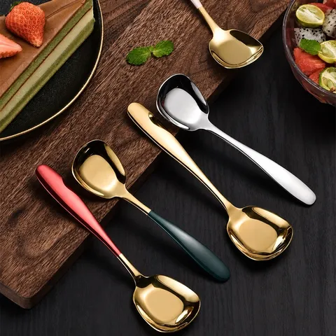 Stainless Steel Flat Bottom Spoon Creative Square Head Dessert Spoon Thickened Soup Spoon Kitchen Tableware