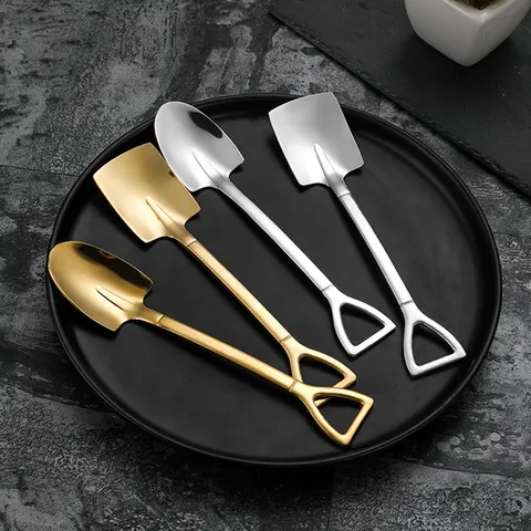 Creative Stainless Steel Shovel Spoon Cute Dessert Ice Cream Coffee Mixing Spoon Mirror Polished Golden Silver Tableware