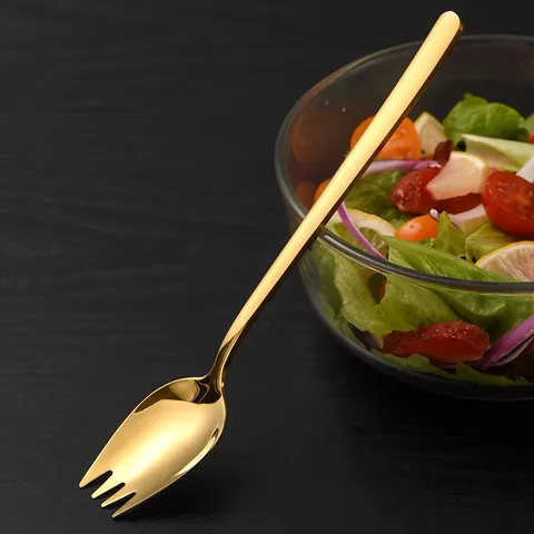 Stainless Steel Salad Spoon And Fork 2 In 1 Long Handle Fruit Dessert Cake Tableware For Kitchen Dining