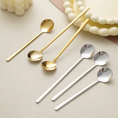 Stainless Steel Long Handle Spoon Japanese Style Small Round Spoon Gold Silver Coffee Spoon Dessert Spoon Honey Spoon