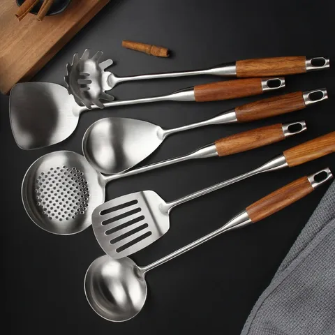 304 Stainless Steel Kitchen Utensils Cooking Spatula Soup Spoon Rice Spoon Storage Rack Pear Wood Handle Heat Resistant