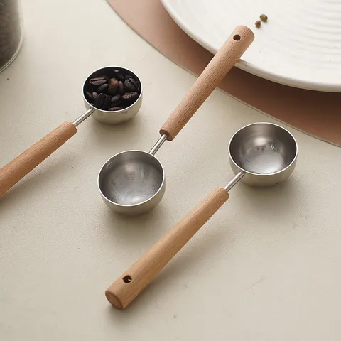 Stainless Steel Measuring Spoon With Wooden Handle Kitchen Baking Coffee Bean Powder Multi Purpose Scoop
