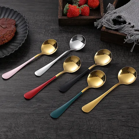 Stainless Steel Round Spoon Creative Minimalist Coffee Stirring Dessert Cake Spoon Gold Silver Spoon Kitchen Tableware