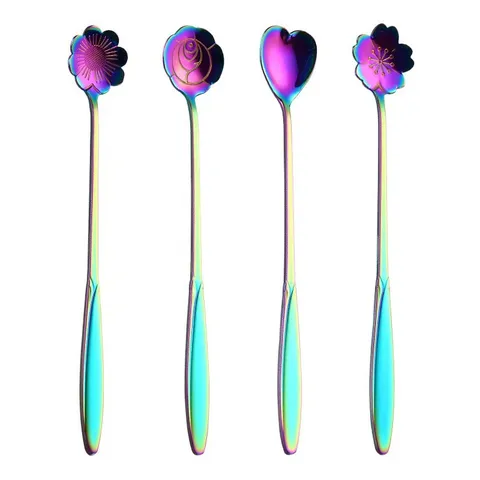 Stainless Steel Iridescent Floral Long Handle Coffee Spoon Colorful Flower Shape Dessert Stirring Spoon Tableware