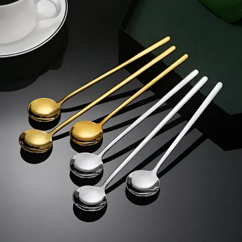 304 Stainless Steel Long Handle Small Round Spoon Creative Coffee Stirring Spoon Household Dessert Honey Spoon