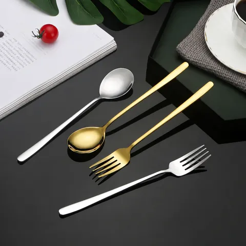 304 Stainless Steel Korean Style Long Handle Spoon And Fork Tableware Mirror Polished Coffee Dessert Cutlery Tool