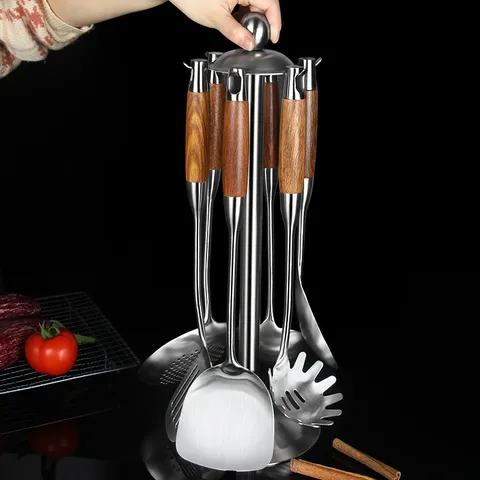 304 Stainless Steel Kitchen Utensils Cooking Spatula Soup Spoon Rice Spoon Storage Rack Pear Wood Handle Heat Resistant