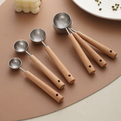 Stainless Steel Measuring Spoon With Wooden Handle Kitchen Baking Coffee Bean Powder Multi Purpose Scoop