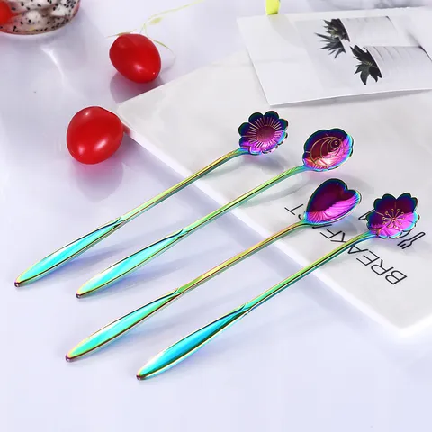 Stainless Steel Iridescent Floral Long Handle Coffee Spoon Colorful Flower Shape Dessert Stirring Spoon Tableware