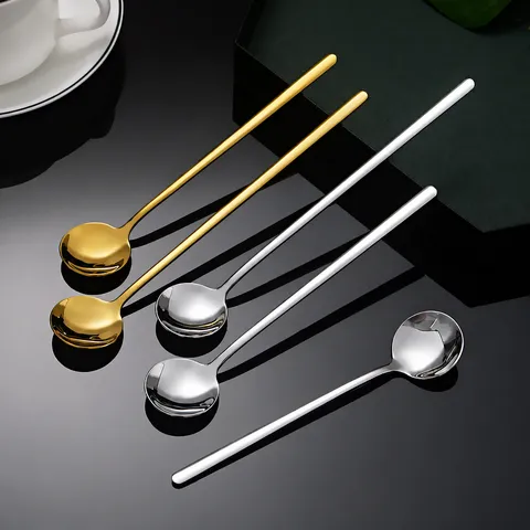 304 Stainless Steel Long Handle Small Round Spoon Creative Coffee Stirring Spoon Household Dessert Honey Spoon
