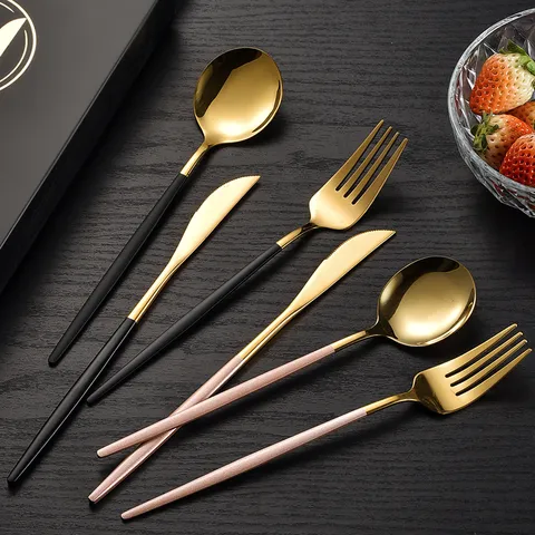 Stainless Steel Portuguese Cutlery Set Gold Silver Black Pink Green Red White Handle Tableware Knife Fork Spoon