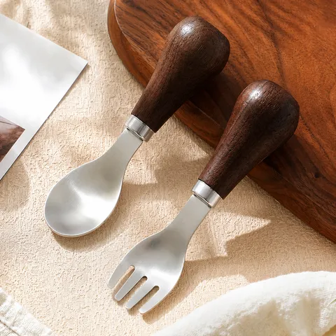 Children Stainless Steel Spoon And Fork Set Wooden Handle Toddler Feeding Tableware Baby Complementary Food Cutlery