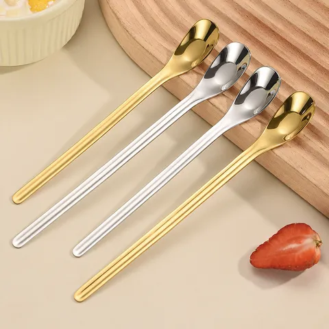 304 Stainless Steel Spoon Long Handle Dessert Spoon Children Feeding Spoon Gold Silver Tableware