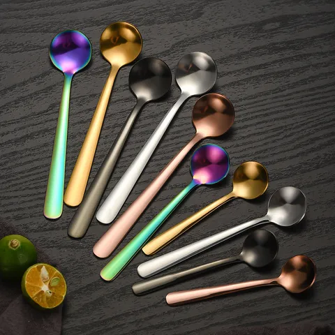 Stainless Steel Short Handle Round Spoon Coffee Spoon Dessert Spoon Ice Cream Honey Stirring Spoon Kitchen Tableware