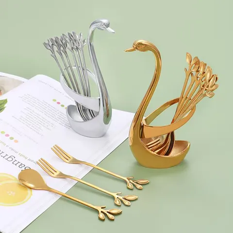 Stainless Steel Dessert Spoon Coffee Spoon Fruit Fork Swan Holder Set Mirror Polishing Creative Flatware Tableware