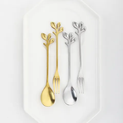 Stainless Steel Leaf Spoon And Fork Golden Coffee Stirring Spoon Dessert Fruit Fork Elegant Tableware Kitchen Accessories