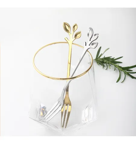 Stainless Steel Leaf Spoon And Fork Golden Coffee Stirring Spoon Dessert Fruit Fork Elegant Tableware Kitchen Accessories