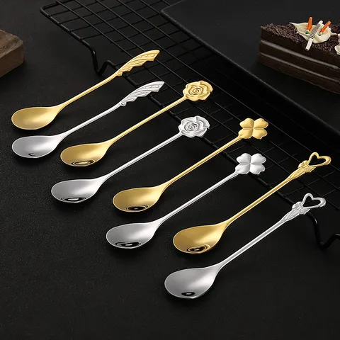 304 Stainless Steel Coffee Spoon Creative Rose Clover Heart Wing Dessert Stirring Spoon Gold Silver Tableware
