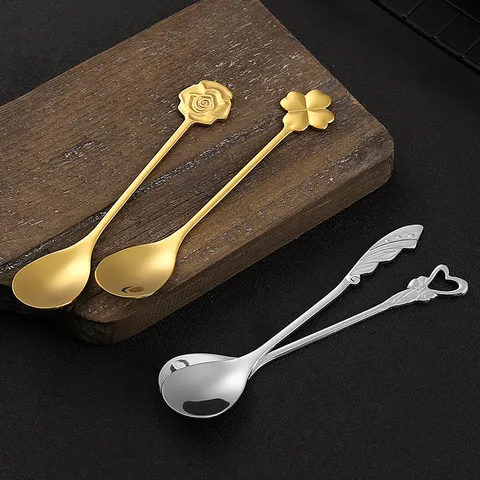 304 Stainless Steel Coffee Spoon Creative Rose Clover Heart Wing Dessert Stirring Spoon Gold Silver Tableware