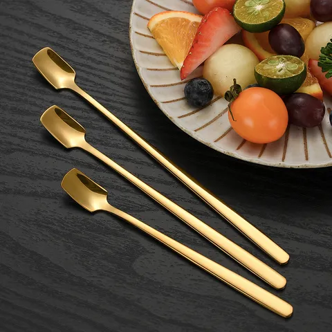 304 Stainless Steel Long Handle Square Head Spoon Metal Dessert Coffee Stirring Spoon Ice Cream Tea Spoon