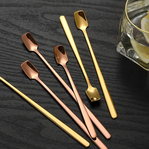 304 Stainless Steel Long Handle Square Head Spoon Metal Dessert Coffee Stirring Spoon Ice Cream Tea Spoon